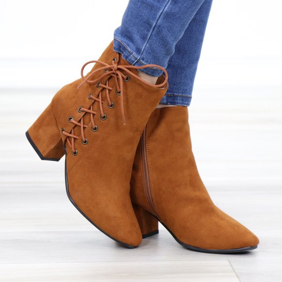 Brown Faux Suede Ankle Booties Side Laced Up - Picture 4 of 11
